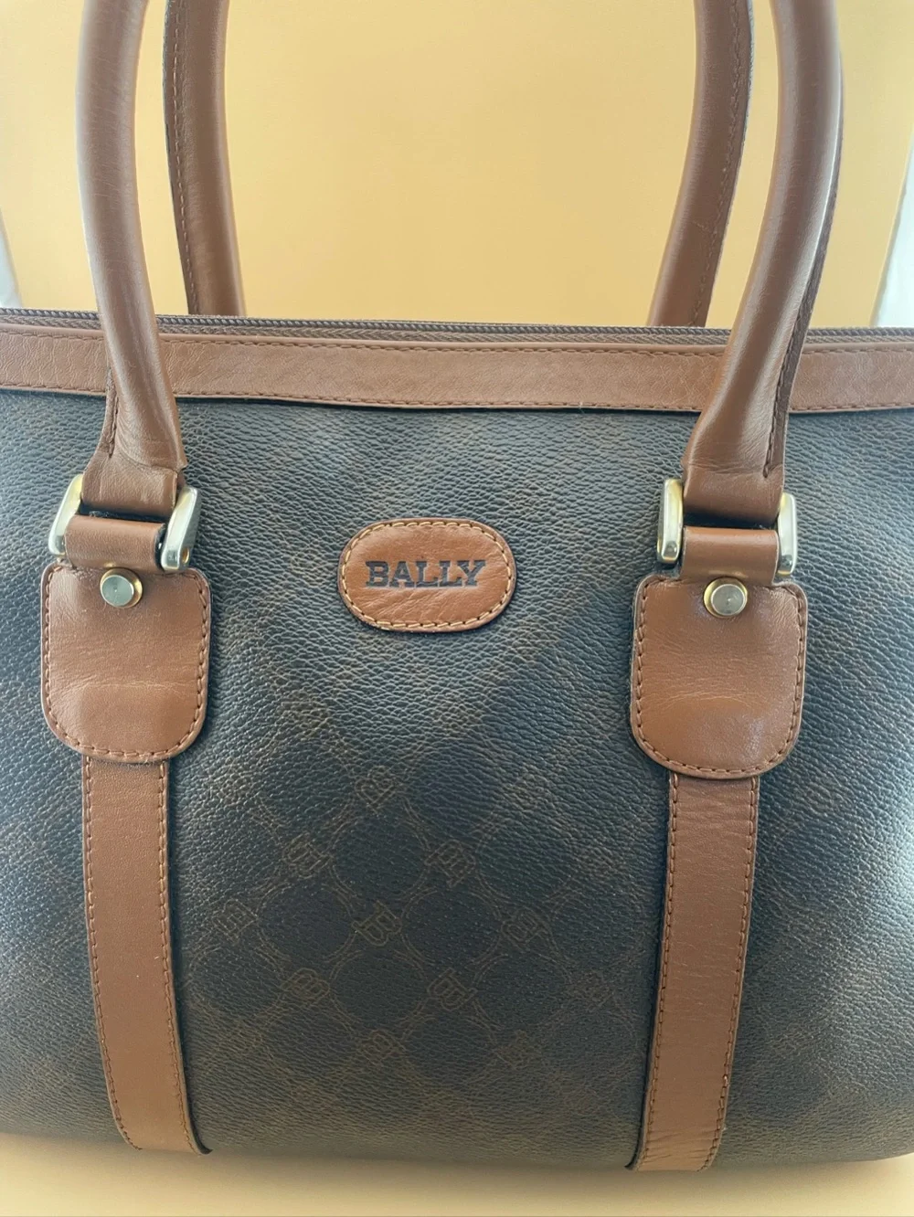Vintage Bally Monogram Boston Bag Brown Leather Trim Made in Italy